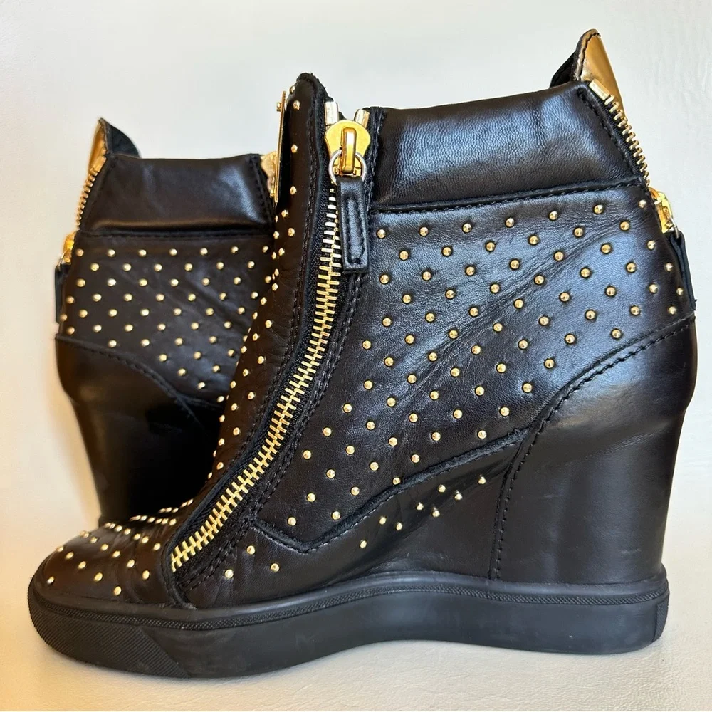 Giuseppe Zanotti Wedge Sneaker Black Leather Gold Studded Boots Heels 39.5 9
